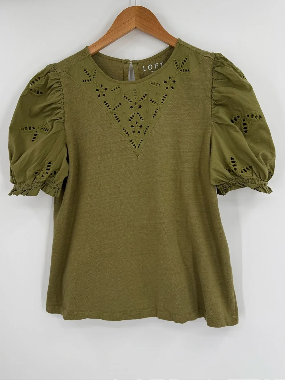 LOFT Cotton Eyelet Yoke Puff Sleeve Mixed Media Top | Olive | Small